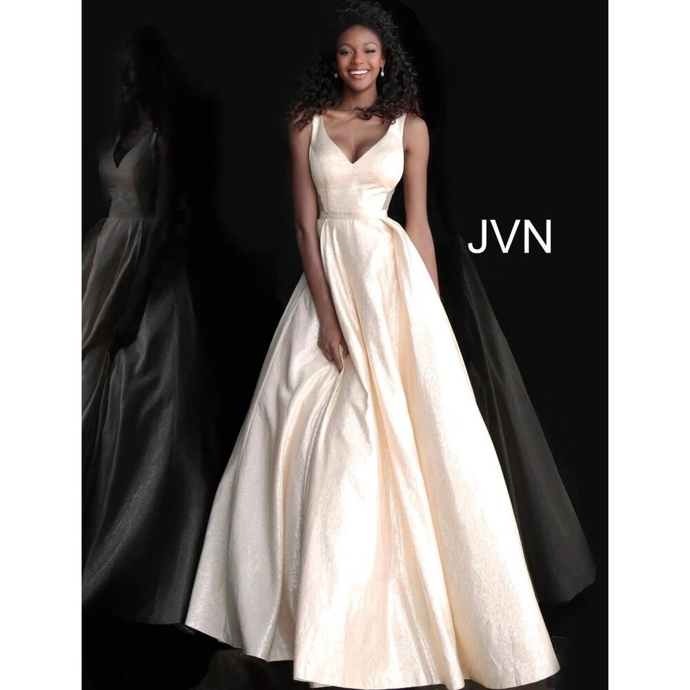 JVN Jovani Dress 2 Elegant Gold JVN67880 V Neck Sleeveless A Line Prom Gown